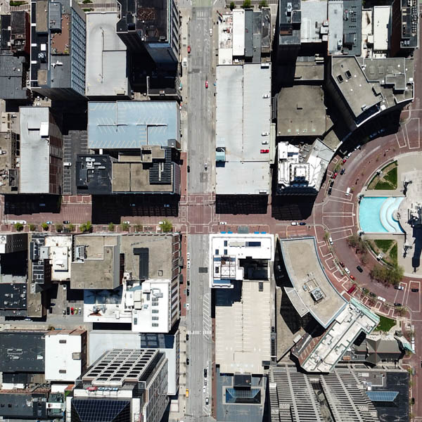 The brick paved streets extend out from Monument Circle